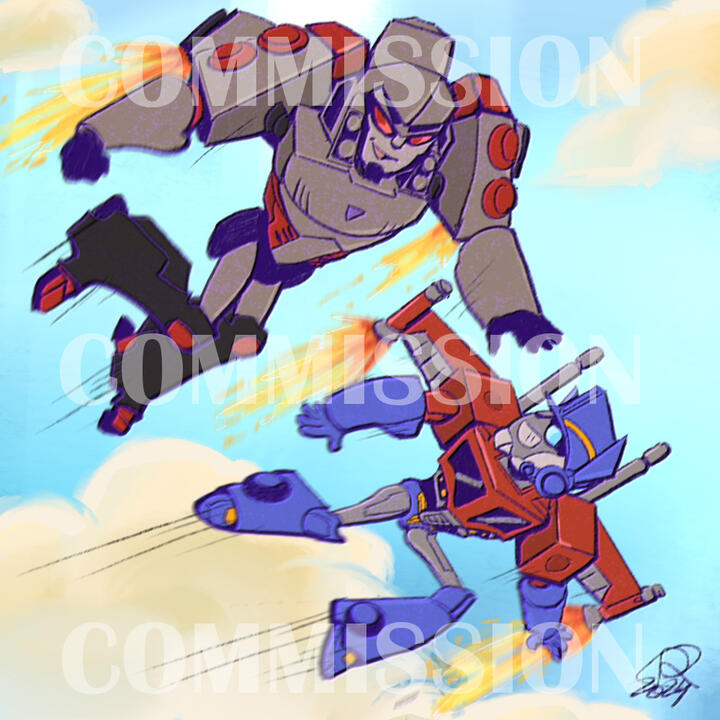 Fully coloured chibi commission for two mecha characters. (2024)