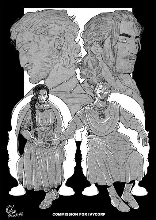 Black & white commission for two full-body human characters + details. (2026)